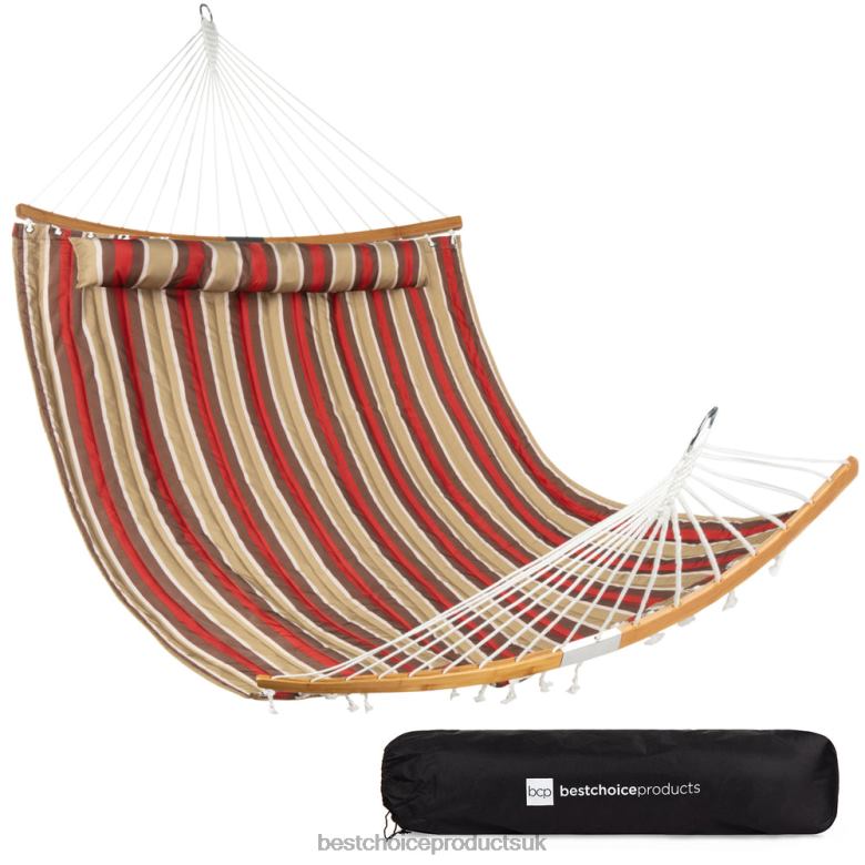 Outdoor Living | Best Choice Products2-Person Quilted Portable Hammock w/ Curved Bamboo Spreader Bar, Carry Bag N62R433 Burgundy/Tan Stripe