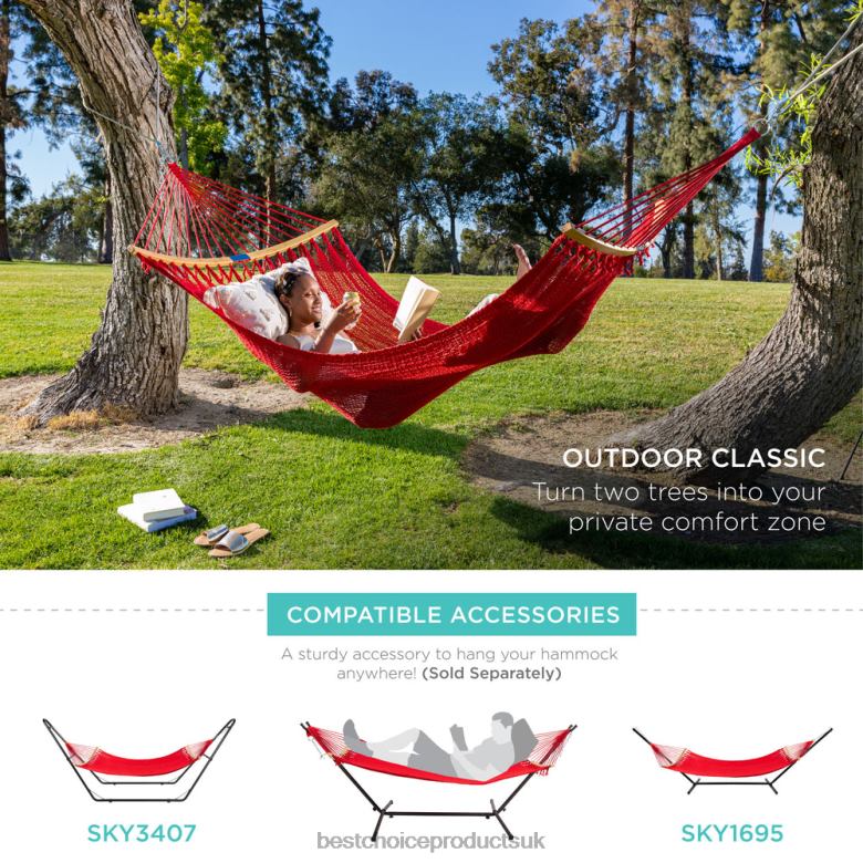 Outdoor Living | Best Choice Products2-Person Woven Polyester Hammock w/ Curved Bamboo Spreader Bar, Carry Bag N62R950 Fire Red