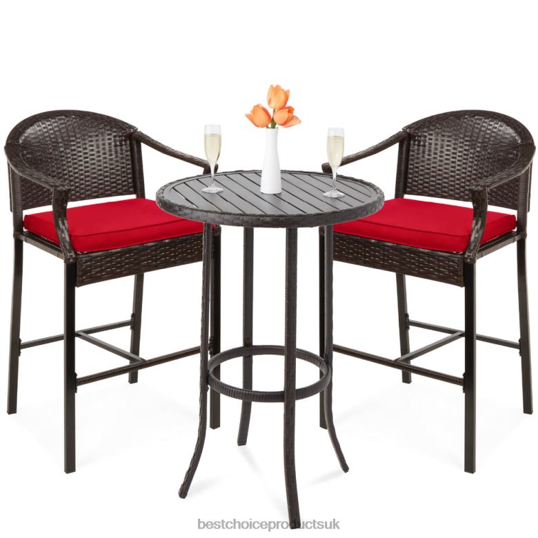 Outdoor Living | Best Choice Products3-Piece Outdoor Bistro Wicker Table Bar Set w/ Bar Stools, Footrests N62R1397 Red