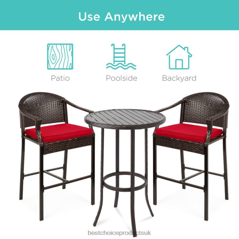 Outdoor Living | Best Choice Products3-Piece Outdoor Bistro Wicker Table Bar Set w/ Bar Stools, Footrests N62R1397 Red