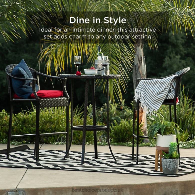 Outdoor Living | Best Choice Products3-Piece Outdoor Bistro Wicker Table Bar Set w/ Bar Stools, Footrests N62R1397 Red