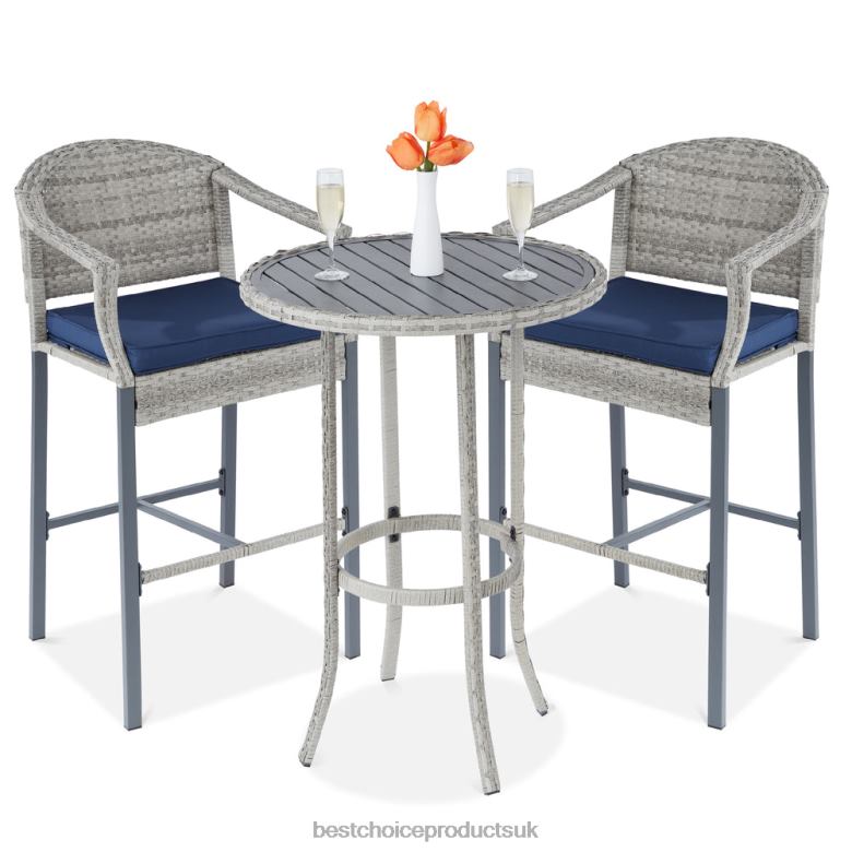 Outdoor Living | Best Choice Products3-Piece Outdoor Bistro Wicker Table Bar Set w/ Bar Stools, Footrests N62R1398 Gray/Blue