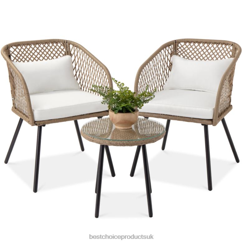 Outdoor Living | Best Choice Products3-Piece Outdoor Diamond Weave Wicker Bistro Set w/ Tempered Glass Side Table N62R1446 Ivory
