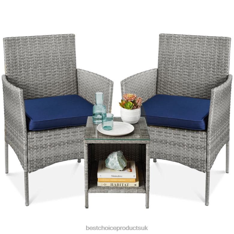 Outdoor Living | Best Choice Products3-Piece Outdoor Patio Wicker Bistro Set w/ Side Storage Table N62R1311 Gray/Navy