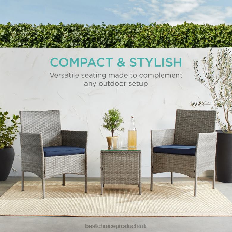 Outdoor Living | Best Choice Products3-Piece Outdoor Patio Wicker Bistro Set w/ Side Storage Table N62R1311 Gray/Navy