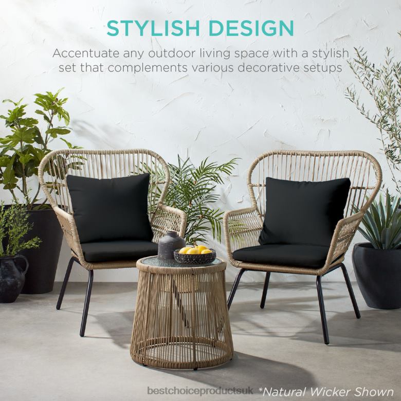 Outdoor Living | Best Choice Products3-Piece Patio Wicker Conversation Bistro Set w/ 2 Chairs, Glass Top Table N62R1350 Black
