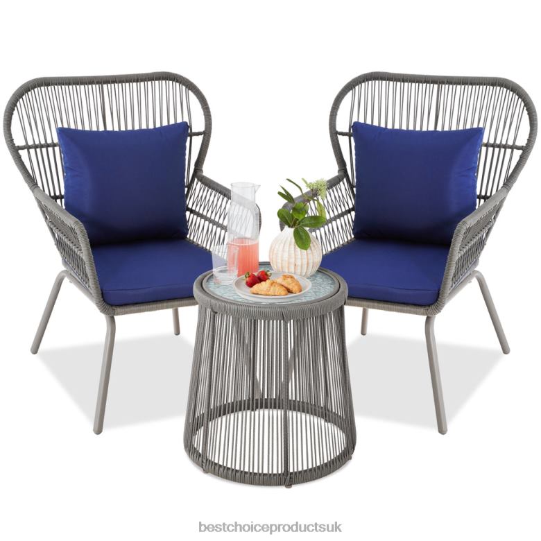 Outdoor Living | Best Choice Products3-Piece Patio Wicker Conversation Bistro Set w/ 2 Chairs, Glass Top Table N62R1351 Gray/Navy