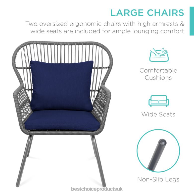 Outdoor Living | Best Choice Products3-Piece Patio Wicker Conversation Bistro Set w/ 2 Chairs, Glass Top Table N62R1351 Gray/Navy