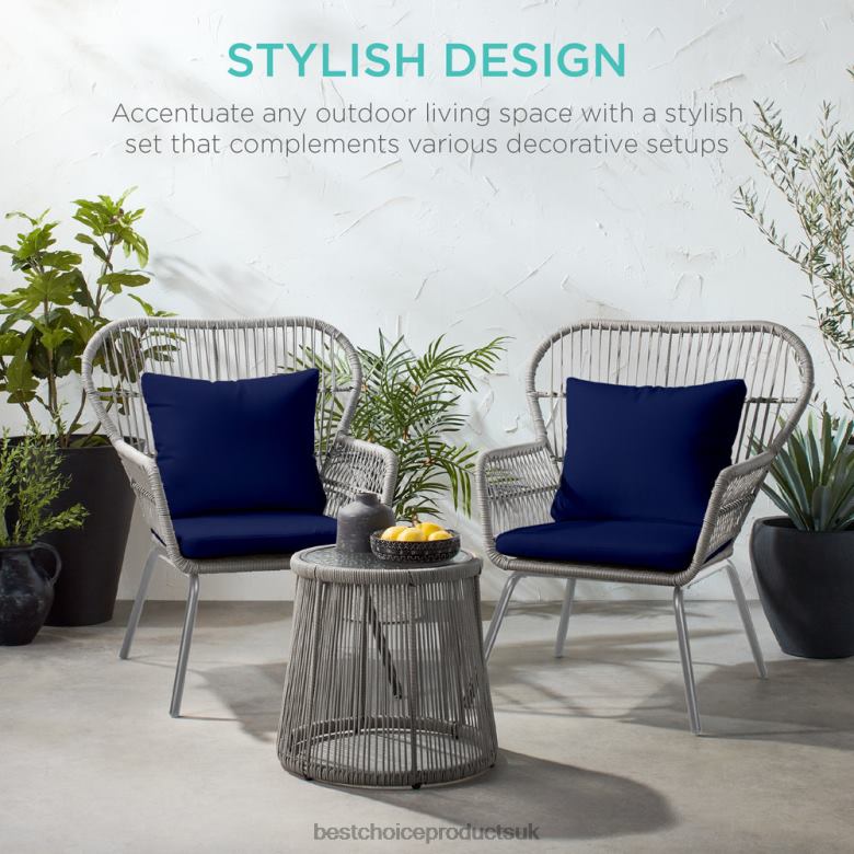 Outdoor Living | Best Choice Products3-Piece Patio Wicker Conversation Bistro Set w/ 2 Chairs, Glass Top Table N62R1351 Gray/Navy