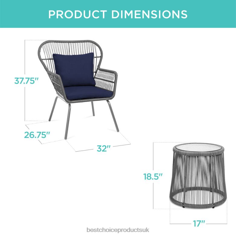 Outdoor Living | Best Choice Products3-Piece Patio Wicker Conversation Bistro Set w/ 2 Chairs, Glass Top Table N62R1351 Gray/Navy