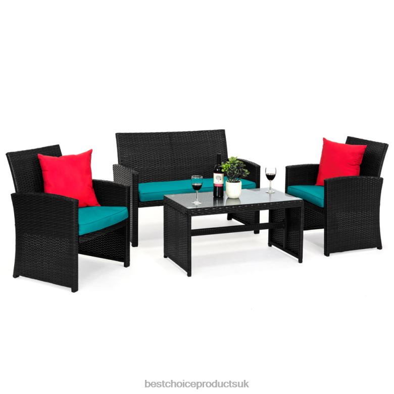 Outdoor Living | Best Choice Products4-Piece Outdoor Wicker Conversation Patio Set w/ 4 Seats, Glass Table Top N62R1401 Black/Teal