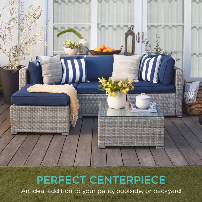 Outdoor Living | Best Choice Products5-Piece Modular Wicker Sectional Conversation Set w/ 2 Pillows, Coffee Table N62R1316 Gray/Navy