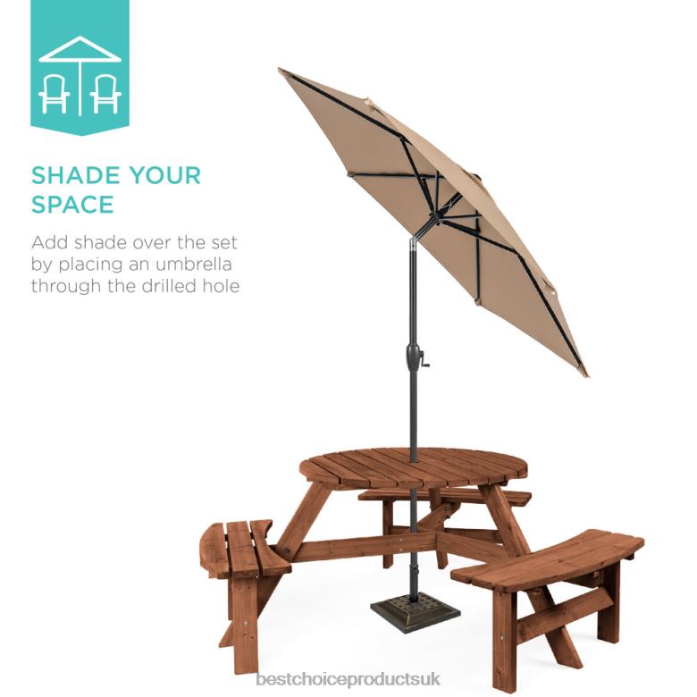 Outdoor Living | Best Choice Products6-Person Circular Wooden Picnic Table w/ Umbrella Hole, 3 Benches N62R1481 Walnut Brown