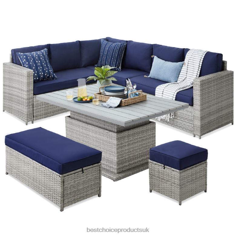 Outdoor Living | Best Choice Products6-Piece Wicker Patio Furniture Set w/ Height-Adjustable Dining Table N62R428 Gray/Navy