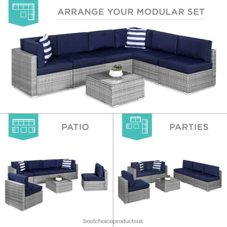 Outdoor Living | Best Choice Products7-Piece Modular Wicker Sectional Conversation Set w/ 2 Pillows, Cover N62R1304 Gray/Navy
