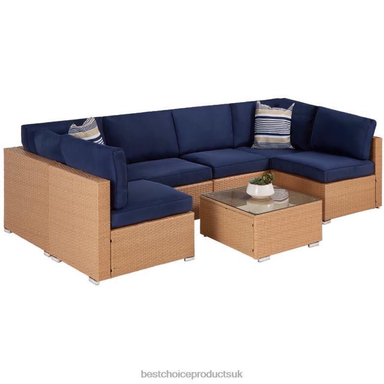 Outdoor Living | Best Choice Products7-Piece Modular Wicker Sectional Conversation Set w/ 2 Pillows, Cover N62R1309 Natural/Navy