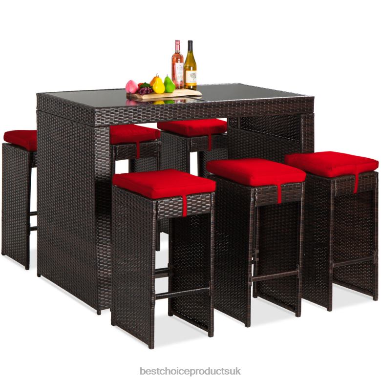 Outdoor Living | Best Choice Products7-Piece Wicker Bar Patio Dining Set w/ Glass Table Top, 6 Stools N62R1391 Red