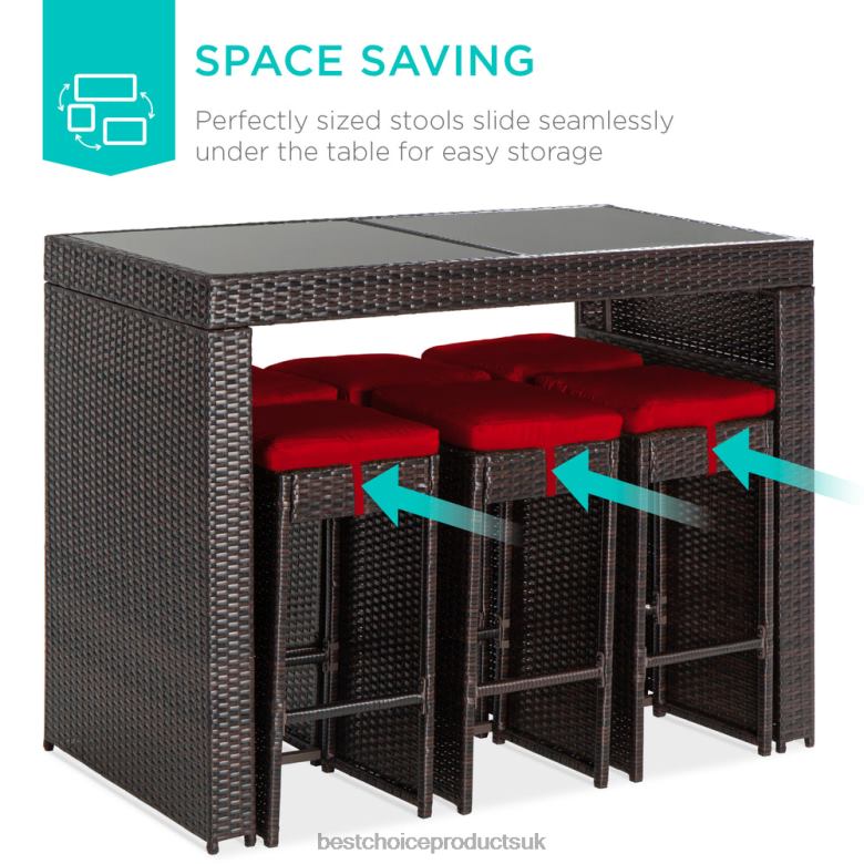 Outdoor Living | Best Choice Products7-Piece Wicker Bar Patio Dining Set w/ Glass Table Top, 6 Stools N62R1391 Red