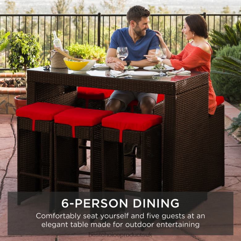 Outdoor Living | Best Choice Products7-Piece Wicker Bar Patio Dining Set w/ Glass Table Top, 6 Stools N62R1391 Red