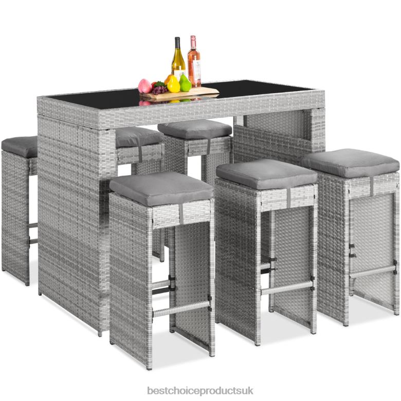 Outdoor Living | Best Choice Products7-Piece Wicker Bar Patio Dining Set w/ Glass Table Top, 6 Stools N62R1392 Gray