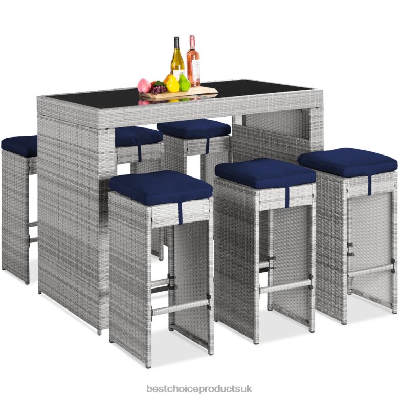 Outdoor Living | Best Choice Products7-Piece Wicker Bar Patio Dining Set w/ Glass Table Top, 6 Stools N62R1393 Navy