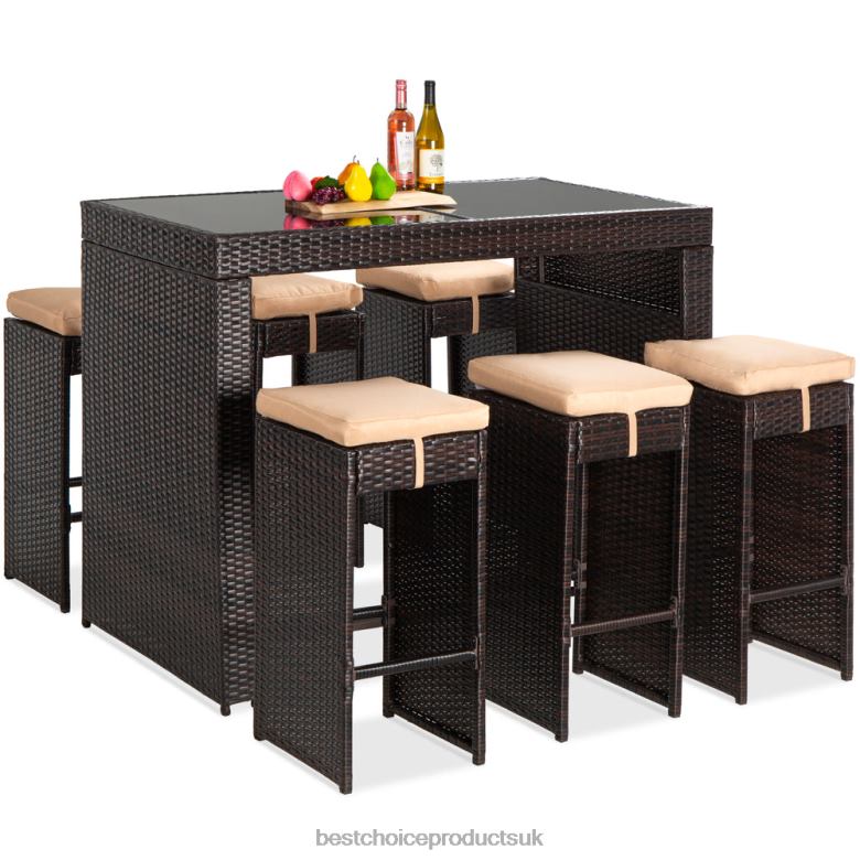 Outdoor Living | Best Choice Products7-Piece Wicker Bar Patio Dining Set w/ Glass Table Top, 6 Stools N62R1394 Brown