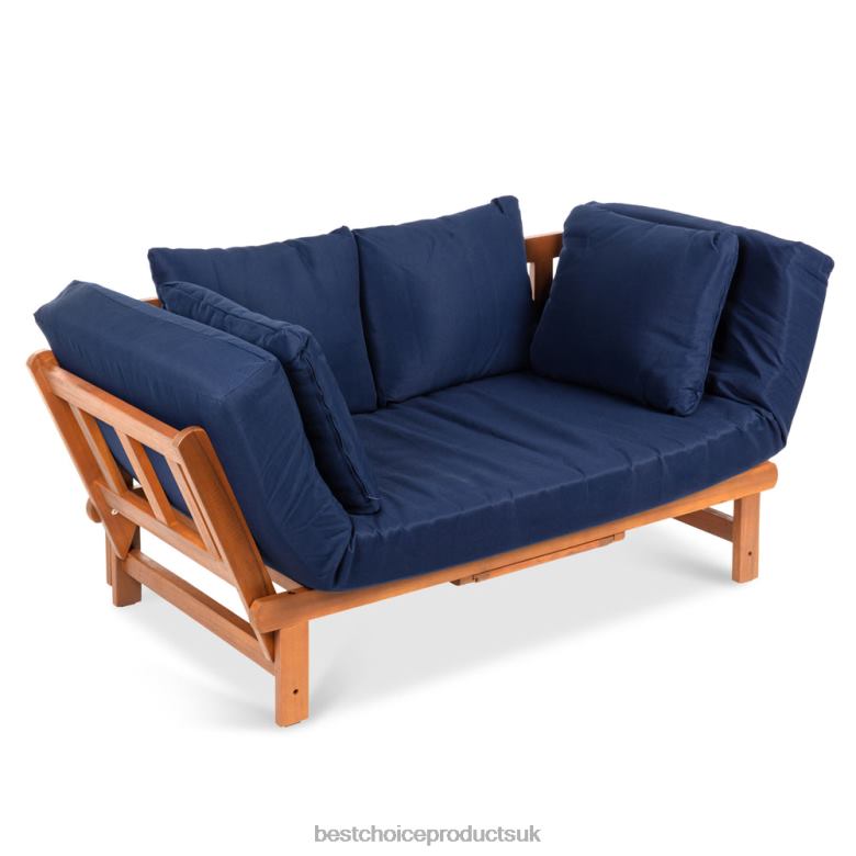 Outdoor Living | Best Choice ProductsOutdoor Convertible Acacia Wood Futon Sofa w/ 4 Pillows, Removable Cushion N62R1409 Navy Blue