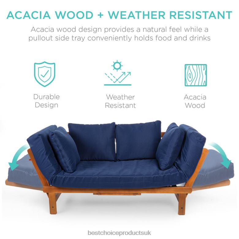 Outdoor Living | Best Choice ProductsOutdoor Convertible Acacia Wood Futon Sofa w/ 4 Pillows, Removable Cushion N62R1409 Navy Blue