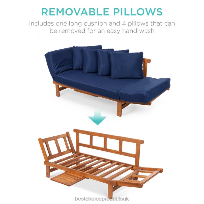 Outdoor Living | Best Choice ProductsOutdoor Convertible Acacia Wood Futon Sofa w/ 4 Pillows, Removable Cushion N62R1409 Navy Blue