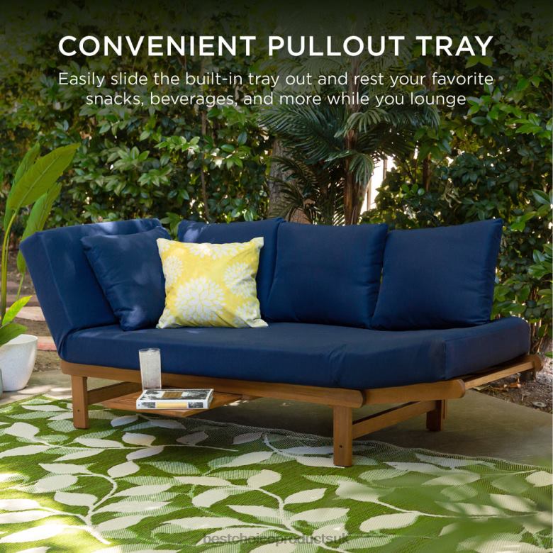 Outdoor Living | Best Choice ProductsOutdoor Convertible Acacia Wood Futon Sofa w/ 4 Pillows, Removable Cushion N62R1409 Navy Blue