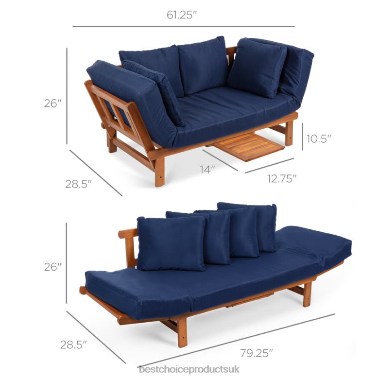 Outdoor Living | Best Choice ProductsOutdoor Convertible Acacia Wood Futon Sofa w/ 4 Pillows, Removable Cushion N62R1409 Navy Blue