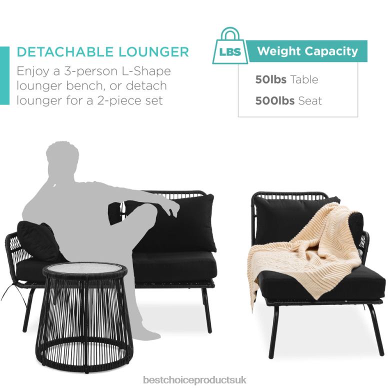 Outdoor Living | Best Choice ProductsRope Woven Sectional, L-Shape Sofa Set w/ Detachable Lounger, Table N62R403 Black