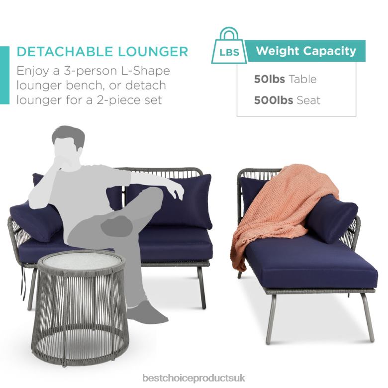 Outdoor Living | Best Choice ProductsRope Woven Sectional, L-Shape Sofa Set w/ Detachable Lounger, Table N62R404 Gray/Navy
