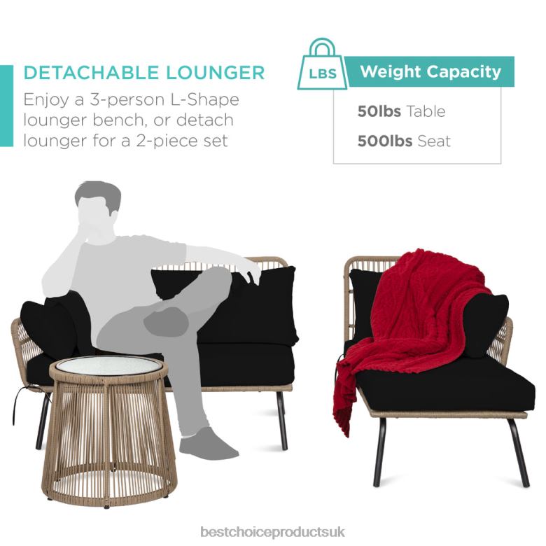 Outdoor Living | Best Choice ProductsRope Woven Sectional, L-Shape Sofa Set w/ Detachable Lounger, Table N62R405 Natural/Black