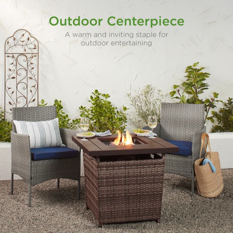 Outdoor Living | Best Choice Products28in Fire Pit Table 50,000 BTU Wicker Propane w/ Faux Wood Tabletop, Cover N62R1421 Brown