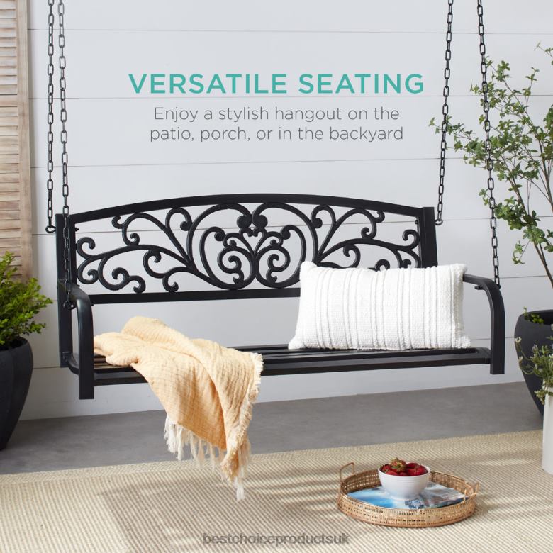 Outdoor Living | Best Choice Products2-Person Metal Outdoor Porch Swing w/ Floral Accent, 485lb Weight Capacity N62R910 Black