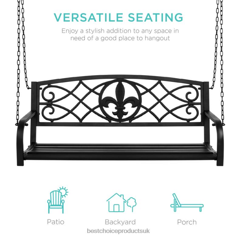 Outdoor Living | Best Choice Products2-Person Outdoor Metal Hanging Swing Bench w/ Fleur-de-Lis Accents N62R1483 Black