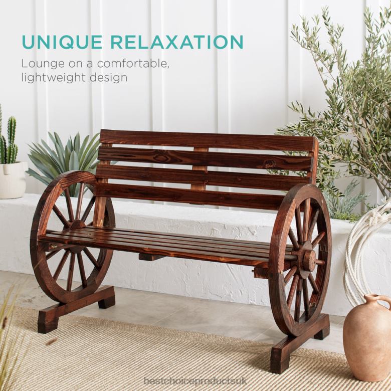 Outdoor Living | Best Choice Products2-Person Rustic Wooden Wagon Wheel Bench w/ Slatted Seat and Backrest N62R1395 Brown
