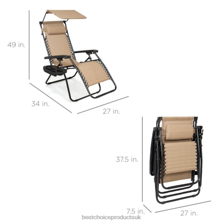 Outdoor Living | Best Choice ProductsFolding Zero Gravity Recliner Patio Lounge Chair w/ Canopy, Side Tray N62R770 Beige