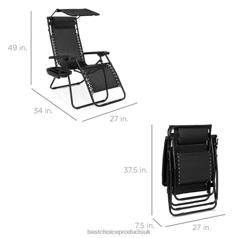 Outdoor Living | Best Choice ProductsFolding Zero Gravity Recliner Patio Lounge Chair w/ Canopy, Side Tray N62R772 Black