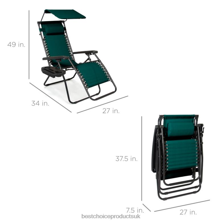 Outdoor Living | Best Choice ProductsFolding Zero Gravity Recliner Patio Lounge Chair w/ Canopy, Side Tray N62R776 Forest Green