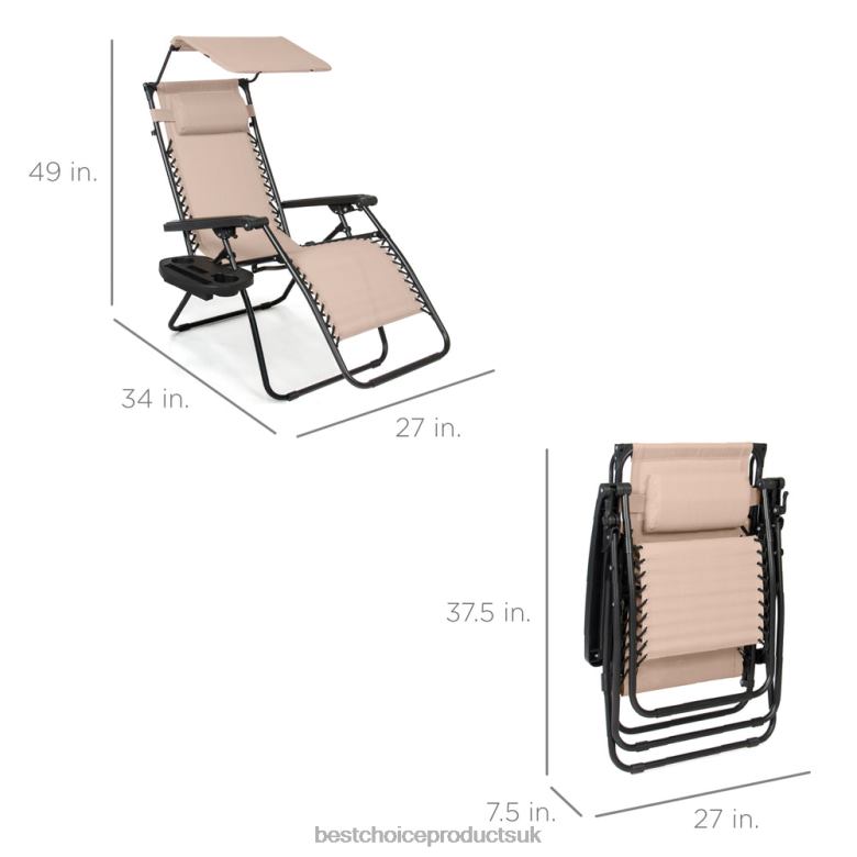 Outdoor Living | Best Choice ProductsFolding Zero Gravity Recliner Patio Lounge Chair w/ Canopy, Side Tray N62R777 Sand