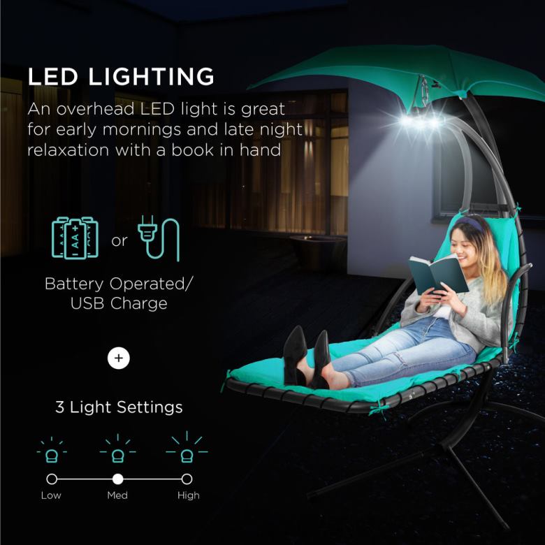 Outdoor Living | Best Choice ProductsHanging LED-Lit Curved Chaise Lounge Chair w/ Pillow, Canopy, Stand N62R1410 Teal