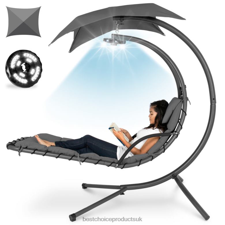 Outdoor Living | Best Choice ProductsHanging LED-Lit Curved Chaise Lounge Chair w/ Pillow, Canopy, Stand N62R1412 Gray