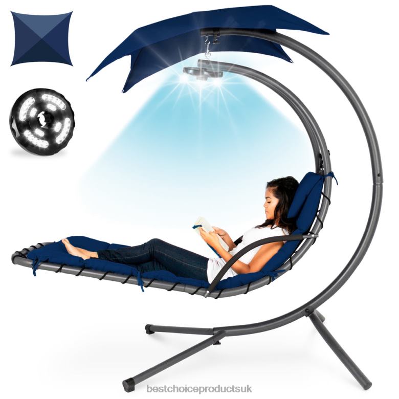 Outdoor Living | Best Choice ProductsHanging LED-Lit Curved Chaise Lounge Chair w/ Pillow, Canopy, Stand N62R1413 Navy