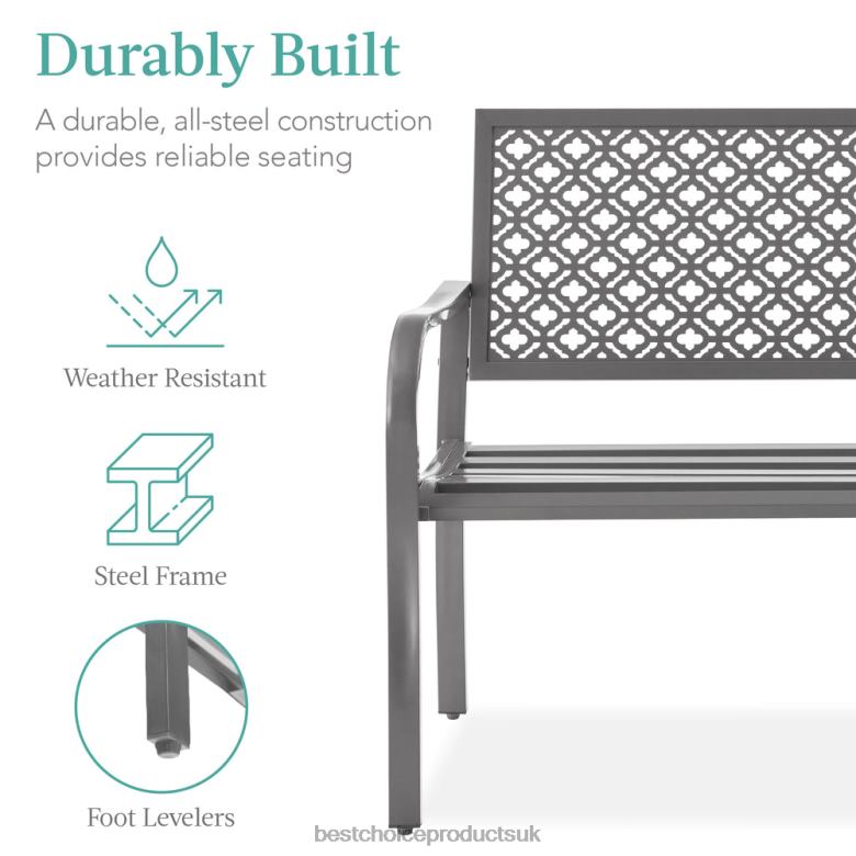 Outdoor Living | Best Choice ProductsIndoor Outdoor Steel Bench w/ Geometric Backrest, Foot Levelers N62R1448 Gray