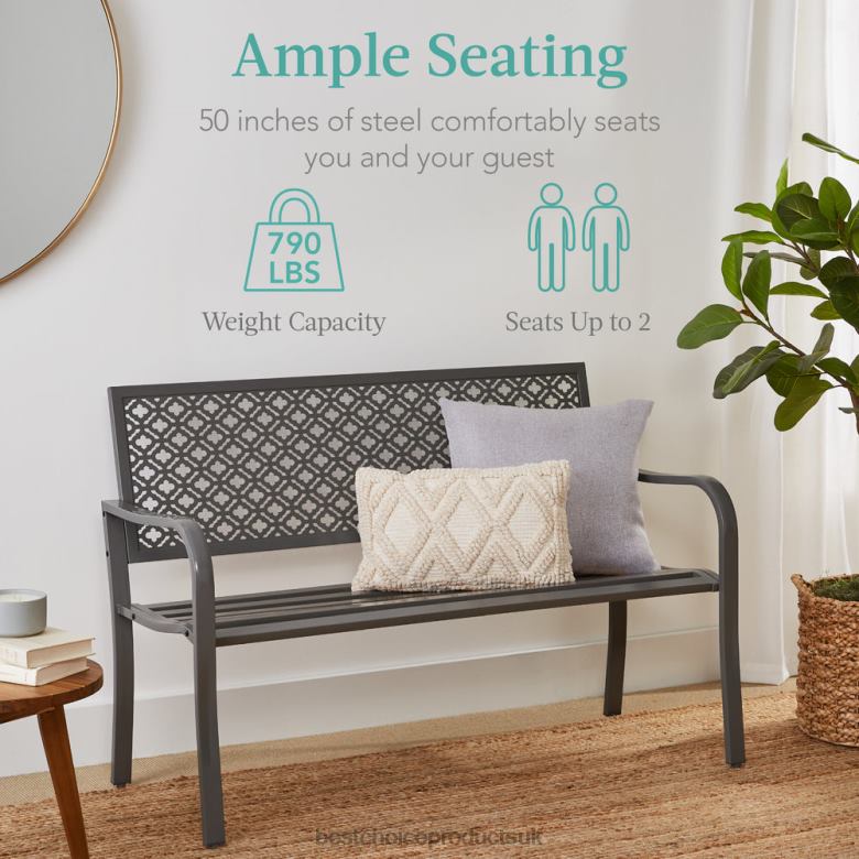 Outdoor Living | Best Choice ProductsIndoor Outdoor Steel Bench w/ Geometric Backrest, Foot Levelers N62R1448 Gray