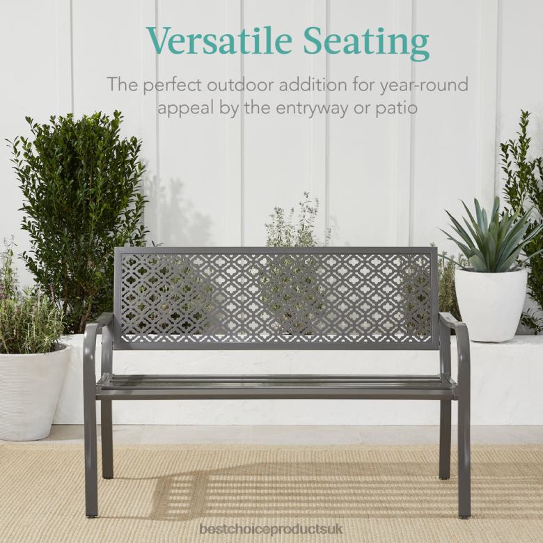 Outdoor Living | Best Choice ProductsIndoor Outdoor Steel Bench w/ Geometric Backrest, Foot Levelers N62R1448 Gray