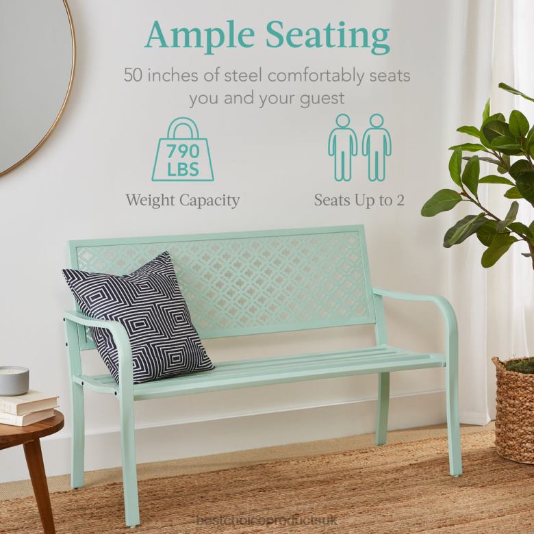 Outdoor Living | Best Choice ProductsIndoor Outdoor Steel Bench w/ Geometric Backrest, Foot Levelers N62R1451 Mint Green