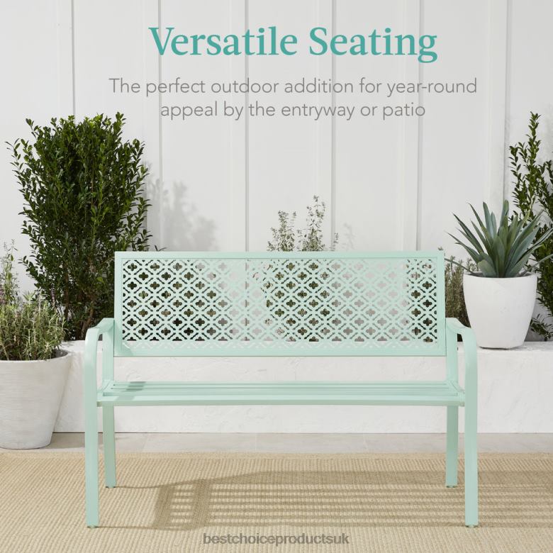Outdoor Living | Best Choice ProductsIndoor Outdoor Steel Bench w/ Geometric Backrest, Foot Levelers N62R1451 Mint Green